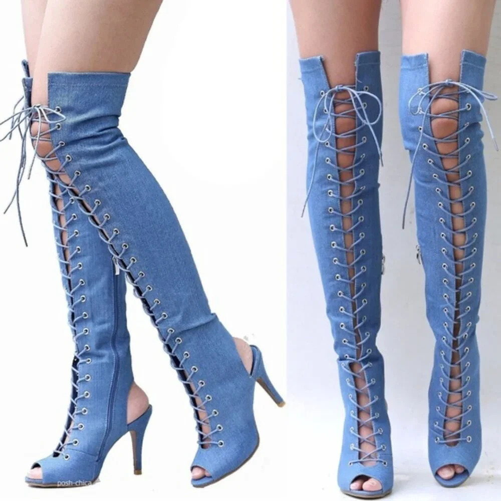 Denim Boots Over Knee Peep Toe Corset Lace Up Stiletto Heel Jeans Side Zip Shoes